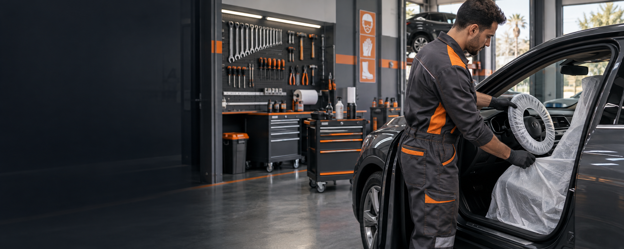 Technicien préparant un véhicule dans un atelier professionnel